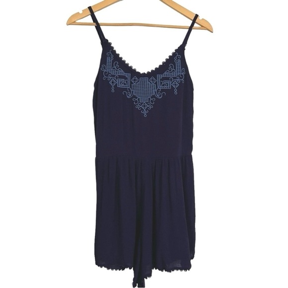 NWT Xhilaration Romper w/Adj. Spaghetti Straps & Embroidered Trim Navy Blue - Picture 1 of 10